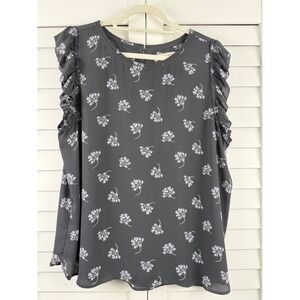 Loft Ruffle Floral Blouse Women XXL Black Sleeveless Shell Top